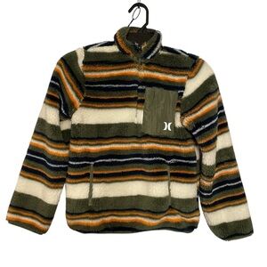 Hurley Boys Sherpa Quarter Zip Pullover NWT Striped Fern Green Size 8/M Outdoor